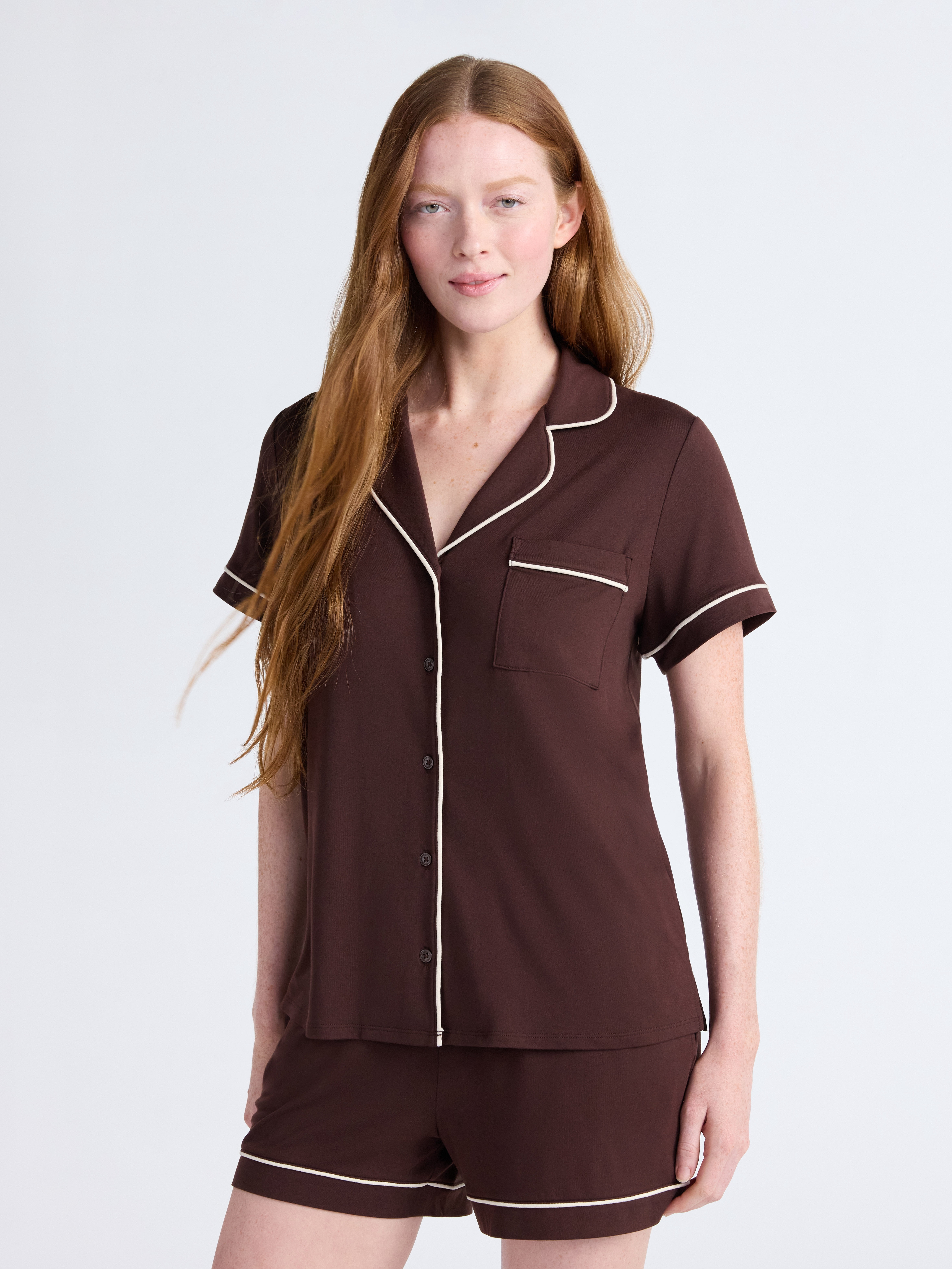 Joyspun Women’s Dreamy Soft Collection Notch Collar Knit Top and Boxer Shorts Pajama Set, Sizes XS-3X