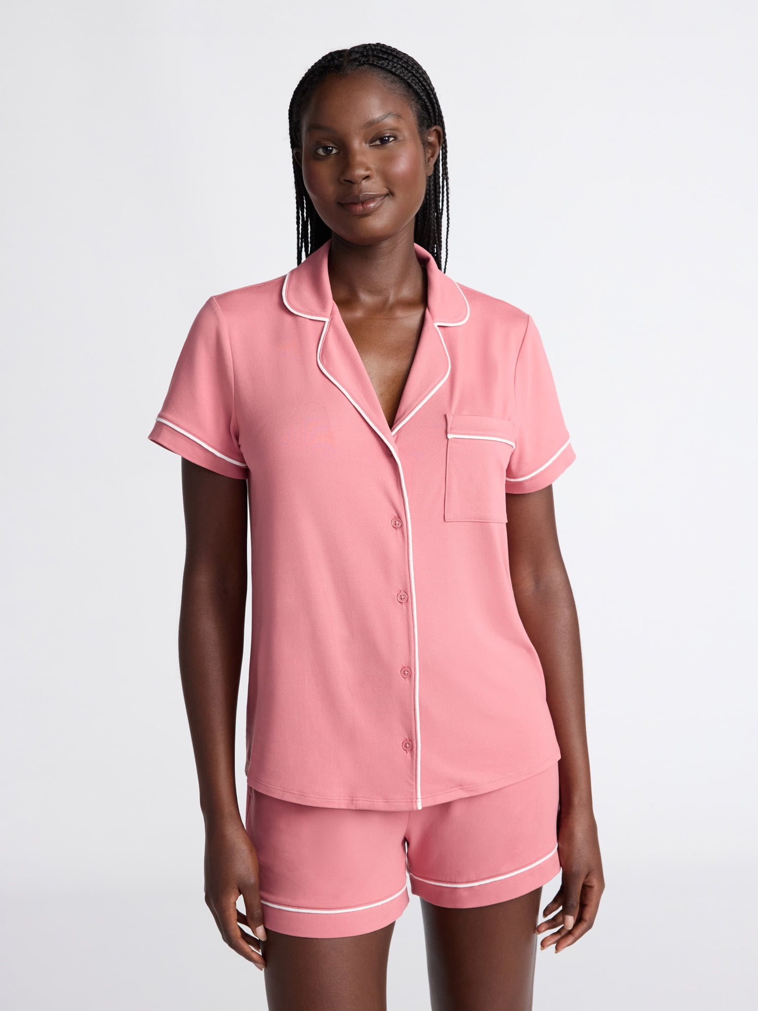 Joyspun Women’s Dreamy Soft Collection Notch Collar Knit Top and Boxer Shorts Pajama Set, Sizes XS-3X