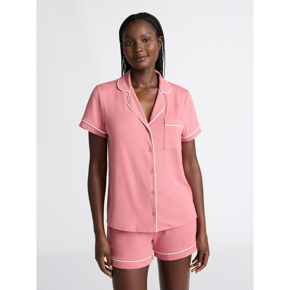 Joyspun Women’s Dreamy Soft Collection Notch Collar Knit Top and Boxer Shorts Pajama Set, Sizes XS-3X