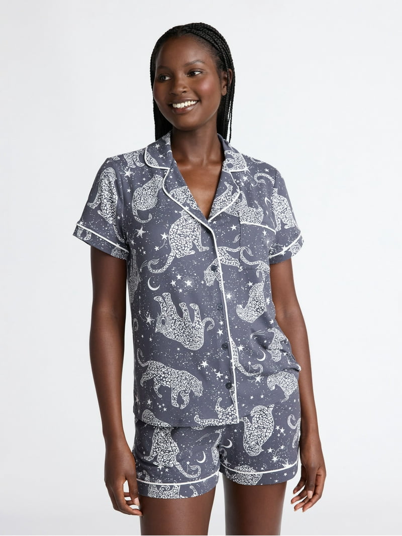 【新品未使用】Embroidery Pajamas Shirts Joyspun Women's Dreamy Soft Collection Notch Collar Knit Top