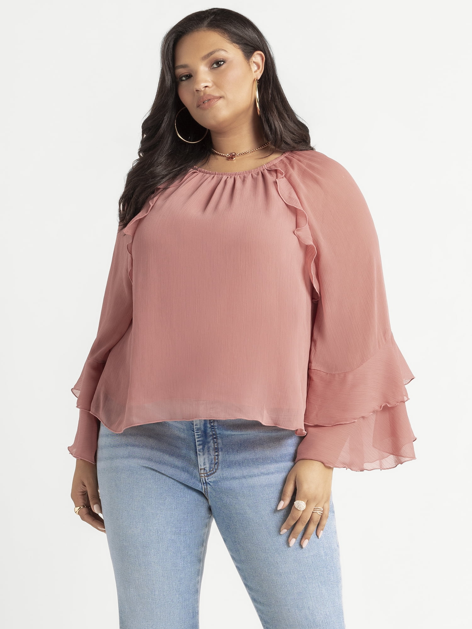 Jessica Simpson Women's Plus Elaine Ruffle Longsleeve Blouse