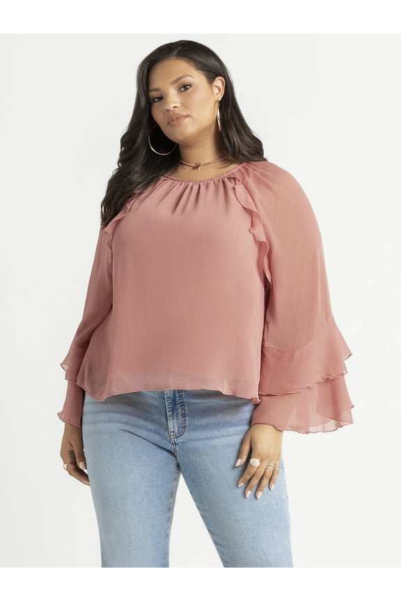 Women's Plus Elaine Ruffle Blouse with Long Sleeves, Sizes 0X-4X