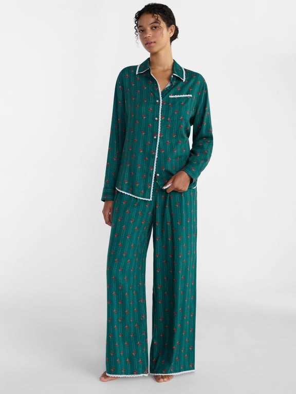 Women’s Flannel Notch Collar Pajama Sleep Top and Pants, 2-Piece Set, Sizes XS-3X