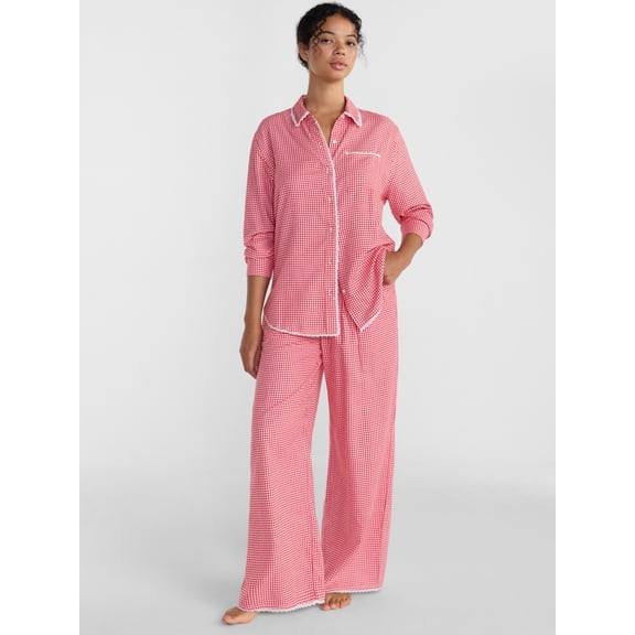 Joyspun Women’s Flannel Notch Collar Pajama Sleep Top and Pants, 2-Piece Set, Sizes XS-3X