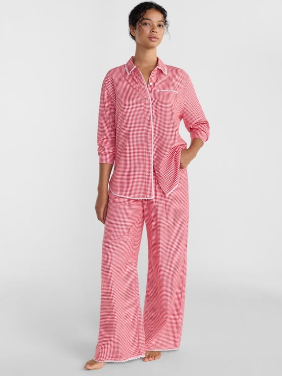 Women’s Flannel Notch Collar Pajama Sleep Top and Pants, 2-Piece Set, Sizes XS-3X