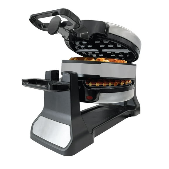 JS Gourmet 1400W Double Belgian Waffle Maker with 180 Rotation, Handle Lock, Red Light Indicator, 8" Plates and Drip Tray