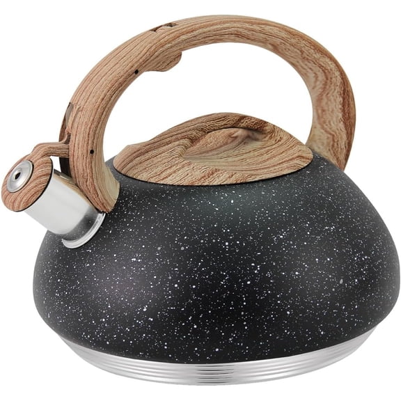 JS Gourmet 2.5 Quart Stainless Steel Whistling Tea Kettle Stove Top with Nylon Coated Ergonomic Wood Grain Designed Handle and Lid