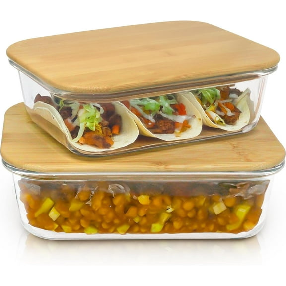 JS Gourmet 2 Pcs Glass Food Storage Containers with Bamboo Cutting Board airtight Lid (35oz and 51oz)