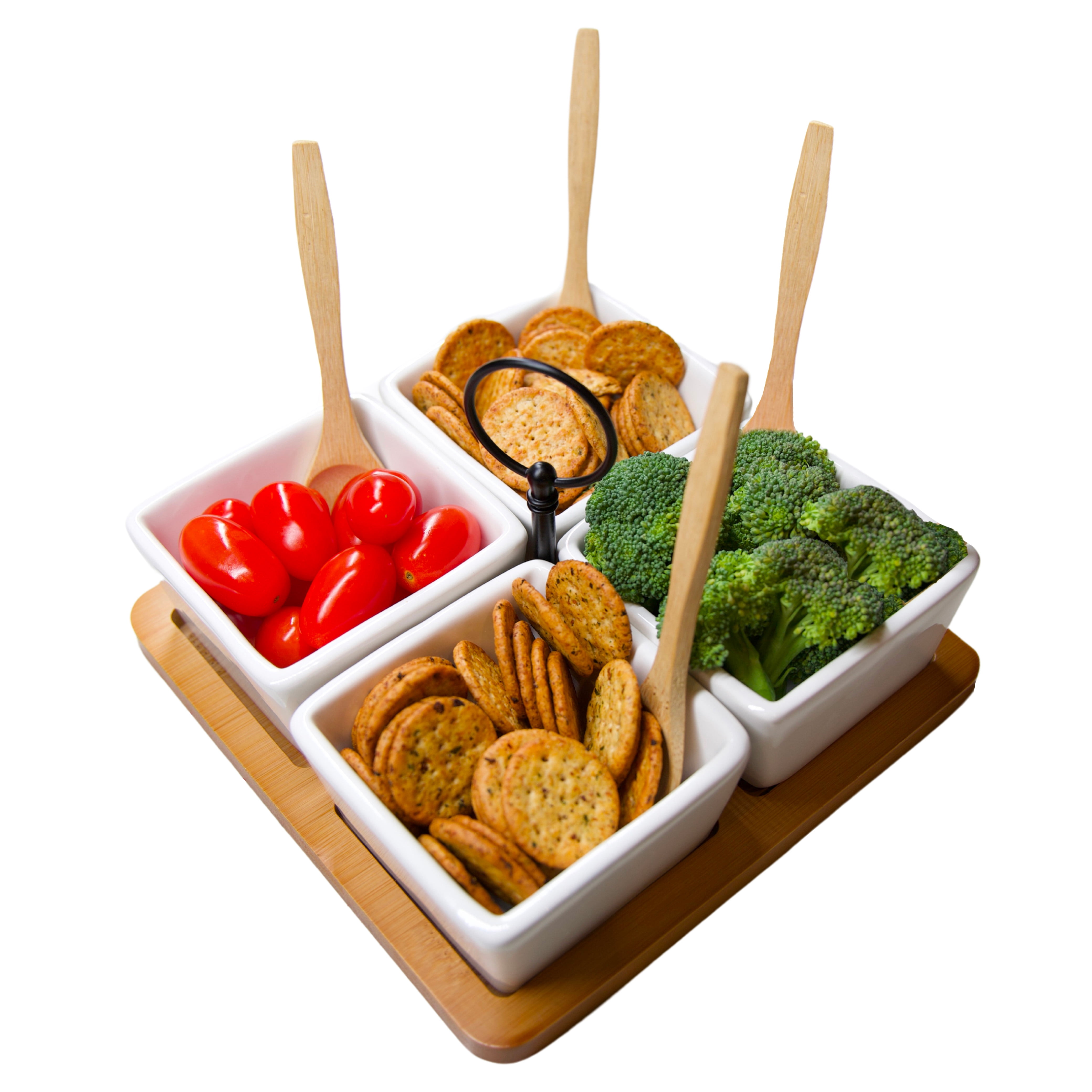 JS Gourmet 4 Ceramic Bowls and Bamboo Divided Serving Platter with ...