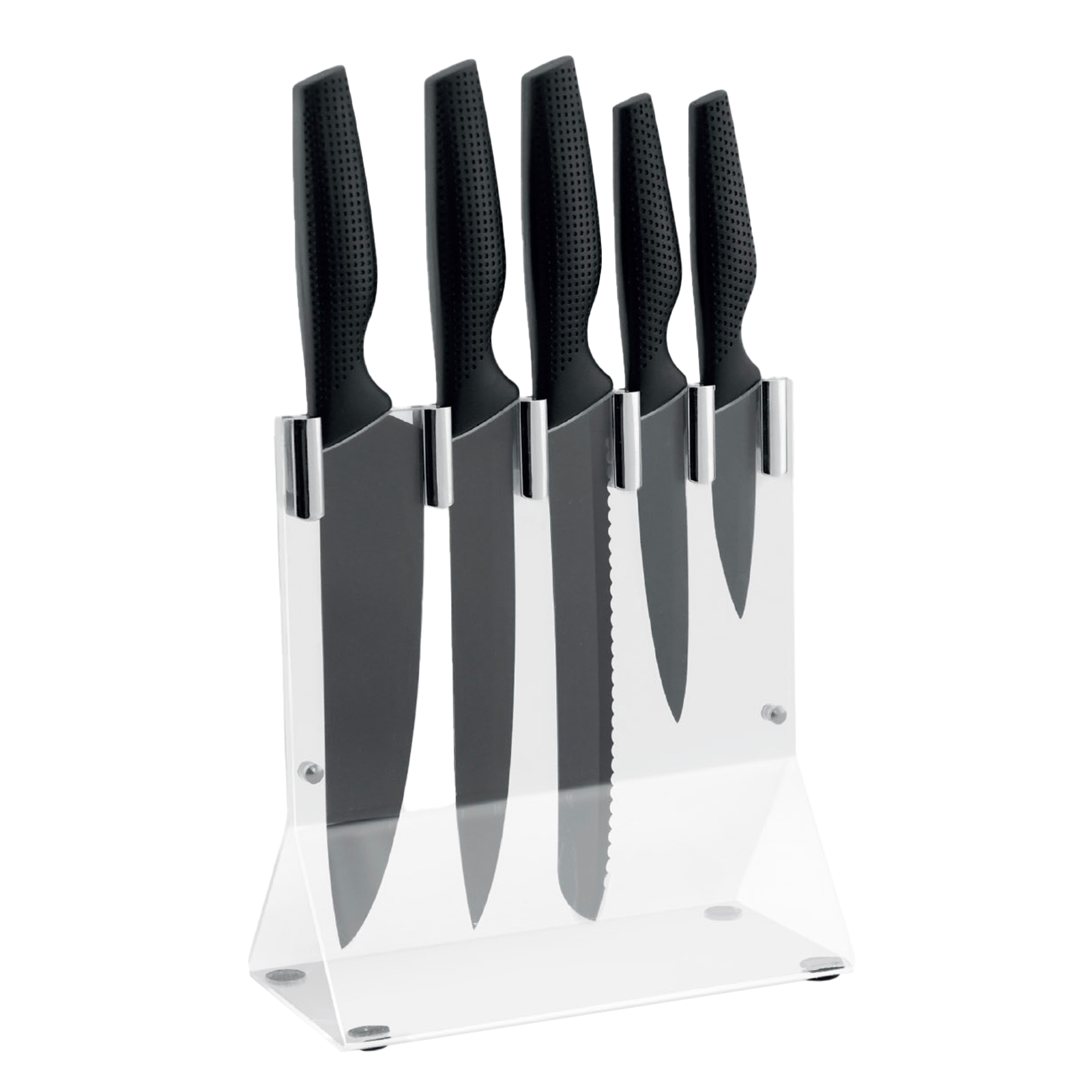 JS Gourmet 5 Piece Stainless Steel Knife Set with Acrylic Storage Block for Kitchen