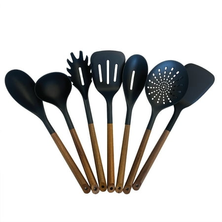 JS Gourmet 7 Pcs Kitchen Utensils Set, Heat Resistant Nonstick Nylon Cooking Spoons Set with Acacia Wooden Handles