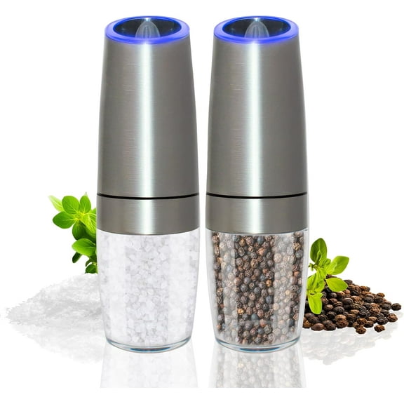 JS Gourmet Automatic Electric Silver Pepper and Salt Shaker Grinder Mill with LED light, Adjustable Coarseness (2 pack)