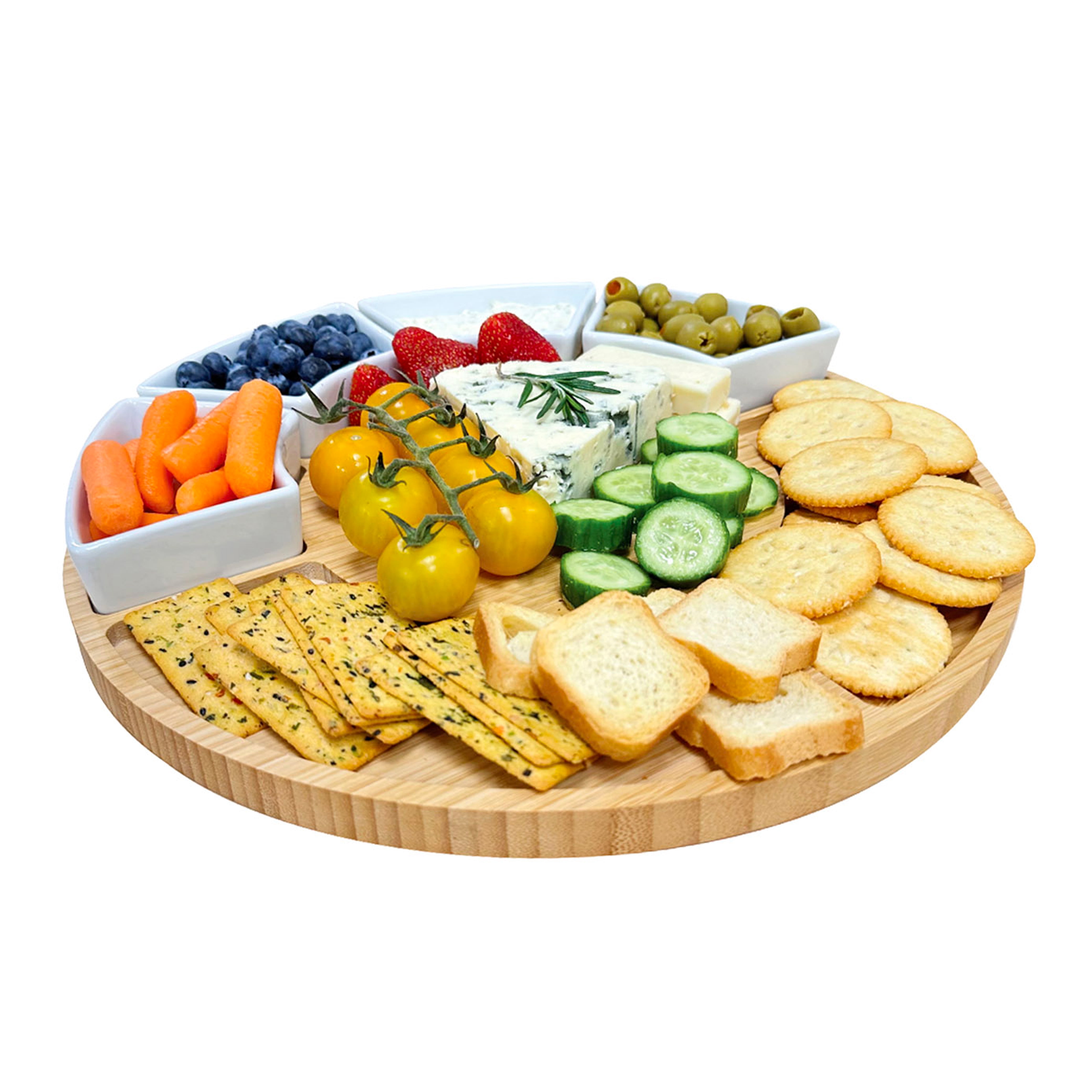JS Gourmet Bamboo Cheese Board with 4 Ceramic Bowls Ideal for Elegant Serving