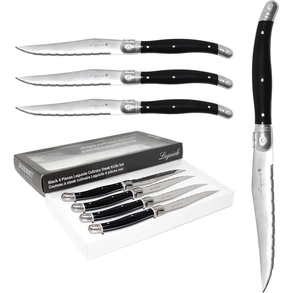 JS Gourmet Laguiole Steak Knives Set of 4, Stainless Steel Serrated Blade Edge French Steak Knives