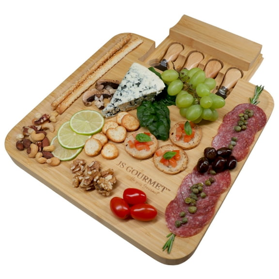 JS Gourmet Large Bamboo Charcuterie Cheese Board with Sliding Drawer and 4 Knives