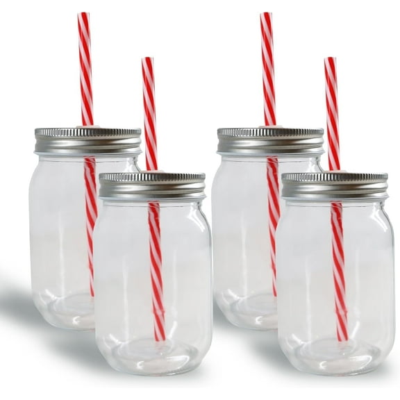 JS Gourmet - Set of 4 Mason Jar 16oz Glasses, Lid and Straw Included