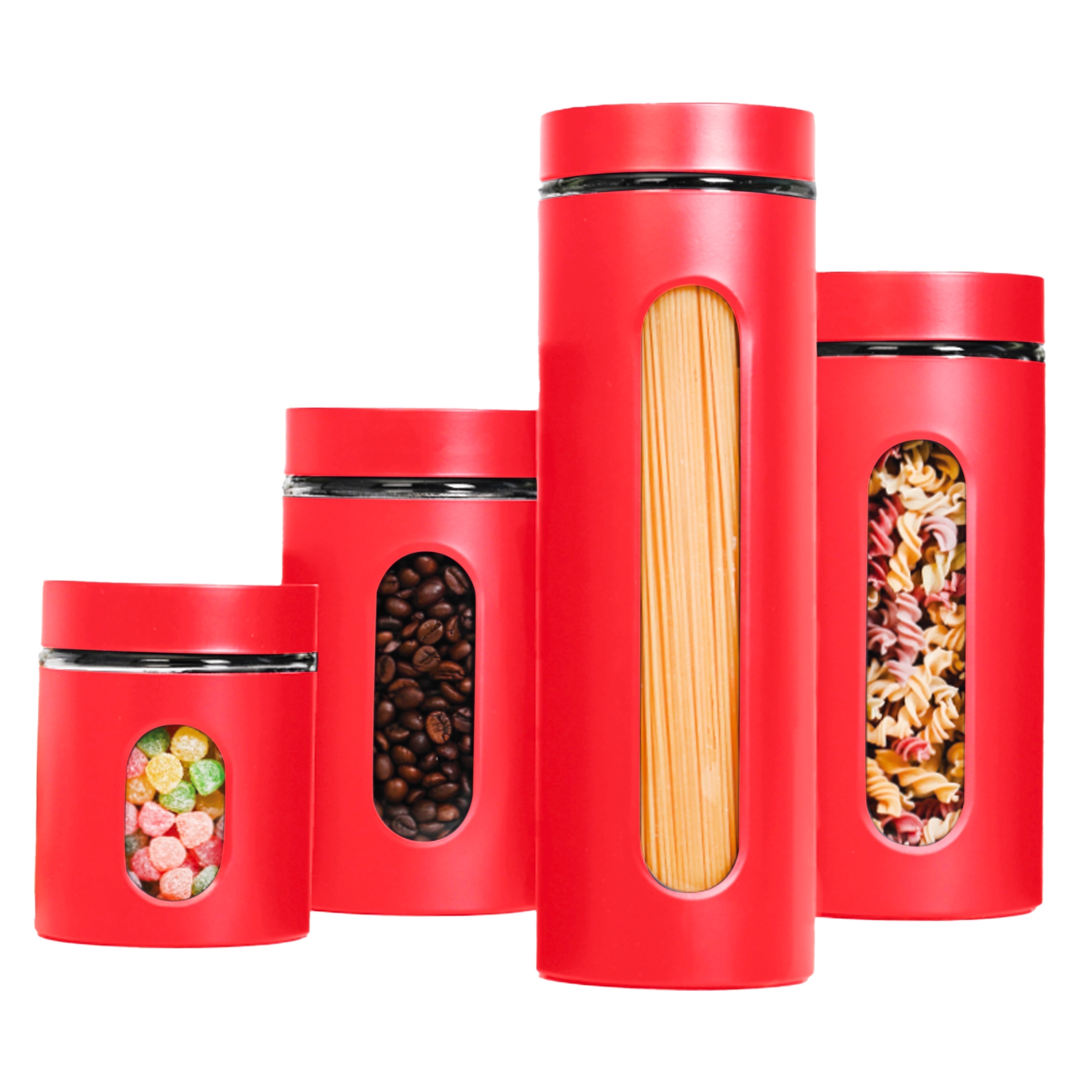Red Stainless Steel Retro Kitchen Canister Set with Glass Windows