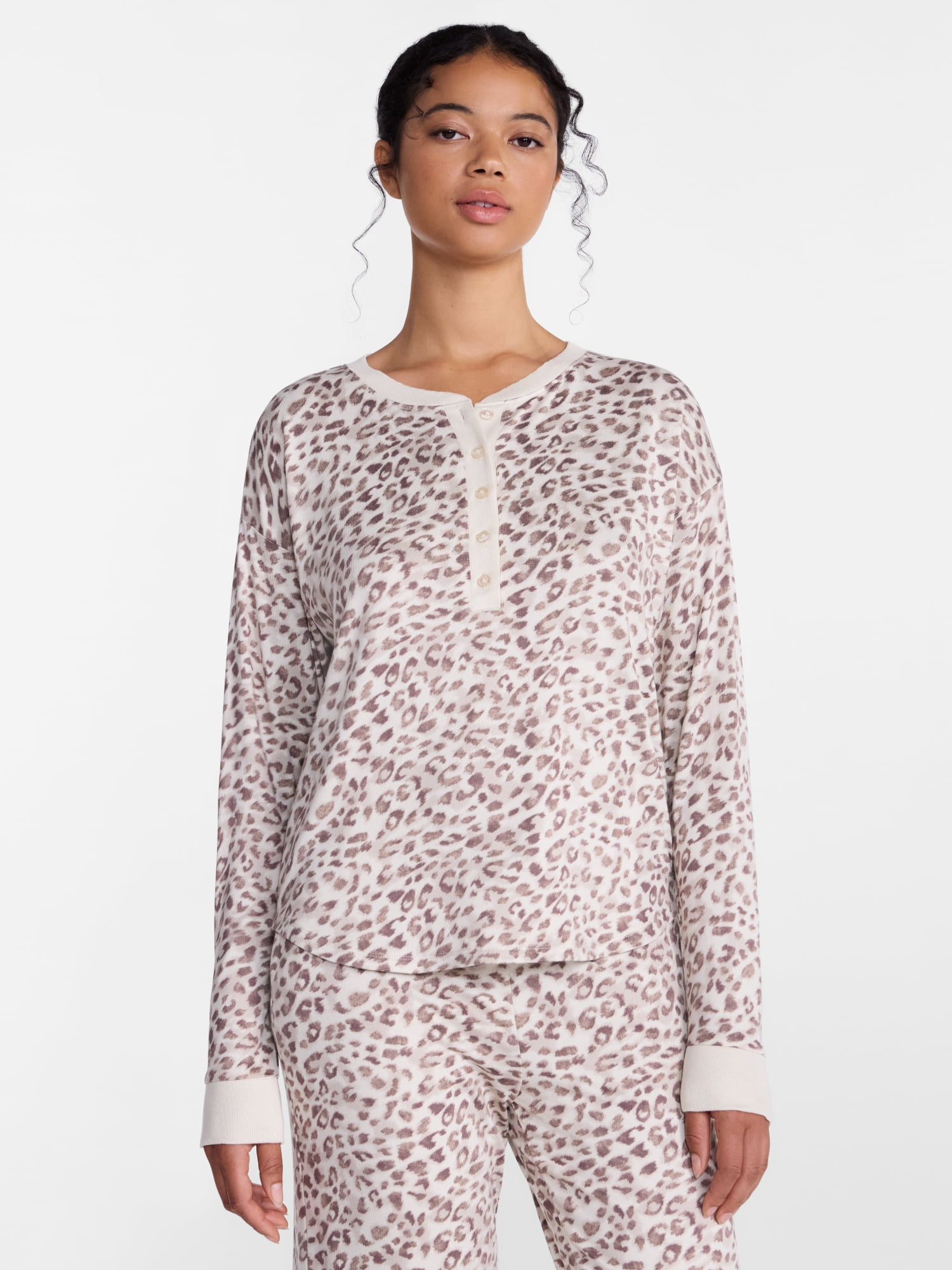 Joyspun Women's Cozy Lounge Collection Hacci Long Sleeve Henley Sleep Top, Sizes XS to 3X
