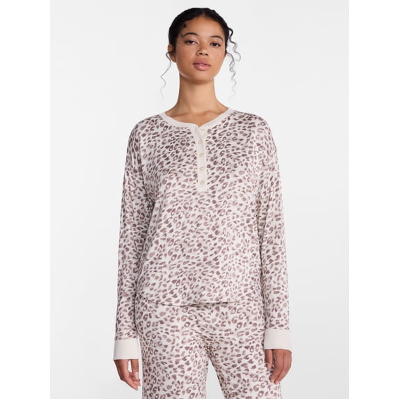 Joyspun Women's Cozy Lounge Collection Hacci Long Sleeve Henley Sleep Top, Sizes XS to 3X