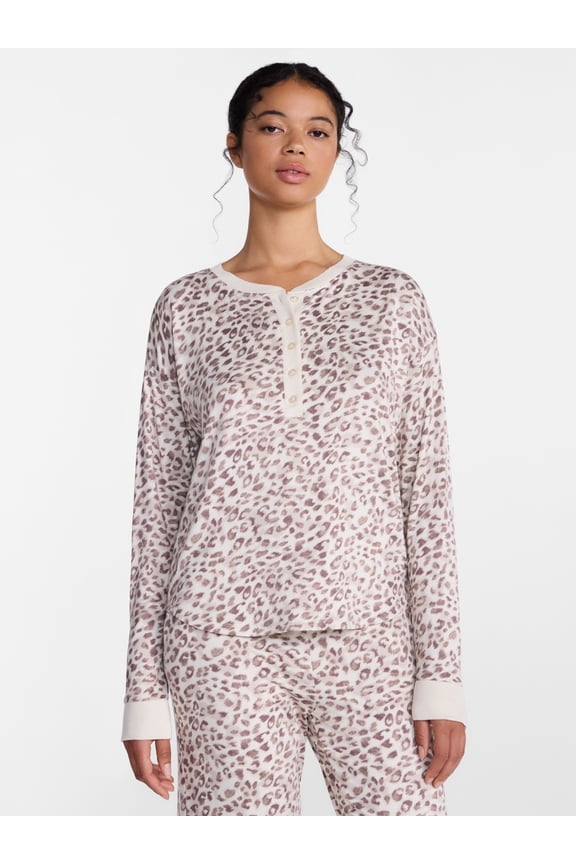 Women's Cozy Lounge Collection Hacci Long Sleeve Henley Sleep Top, Sizes XS to 3X