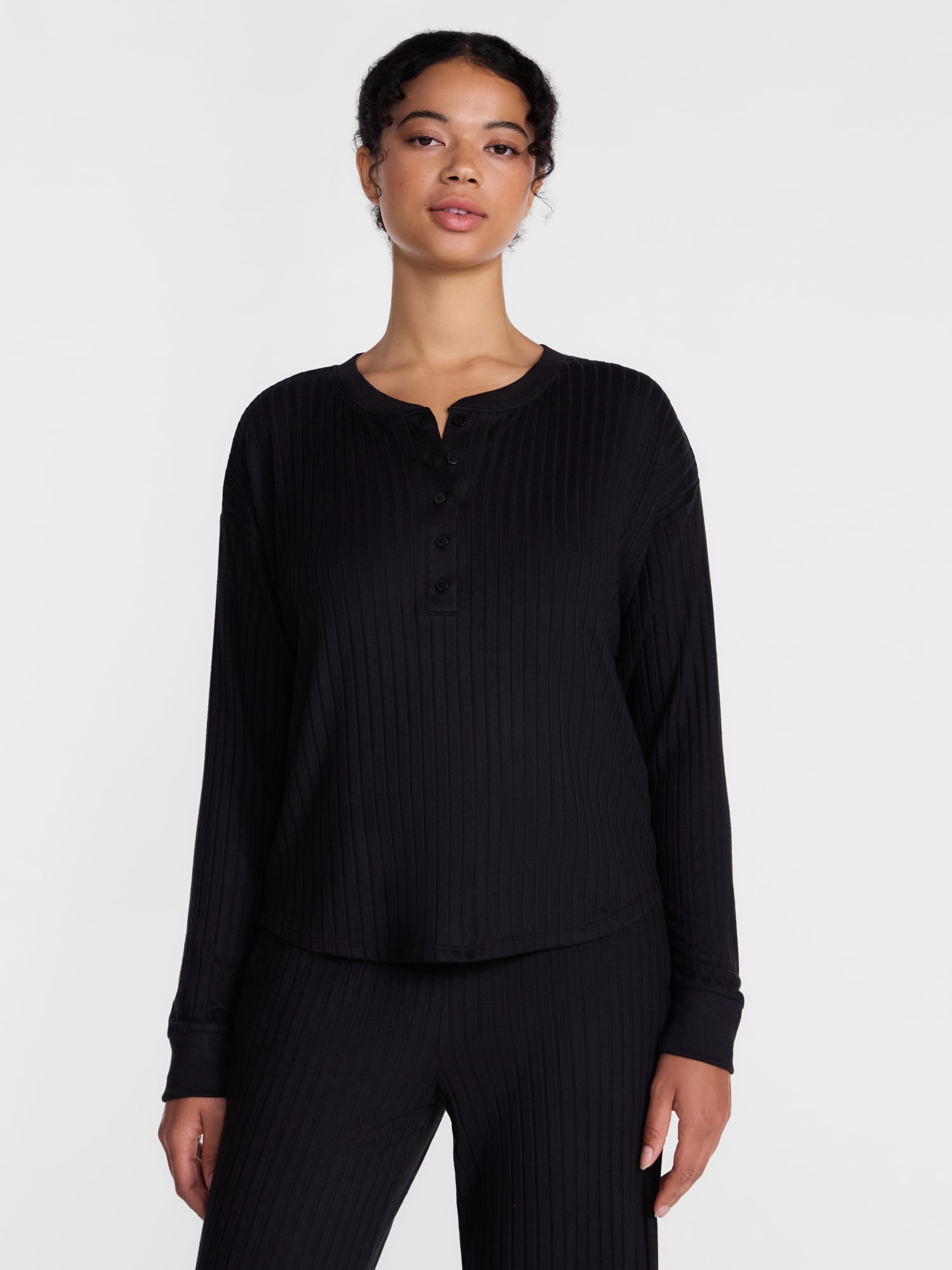 Joyspun Women's Cozy Lounge Collection Hacci Long Sleeve Henley Sleep Top, Sizes XS to 3X