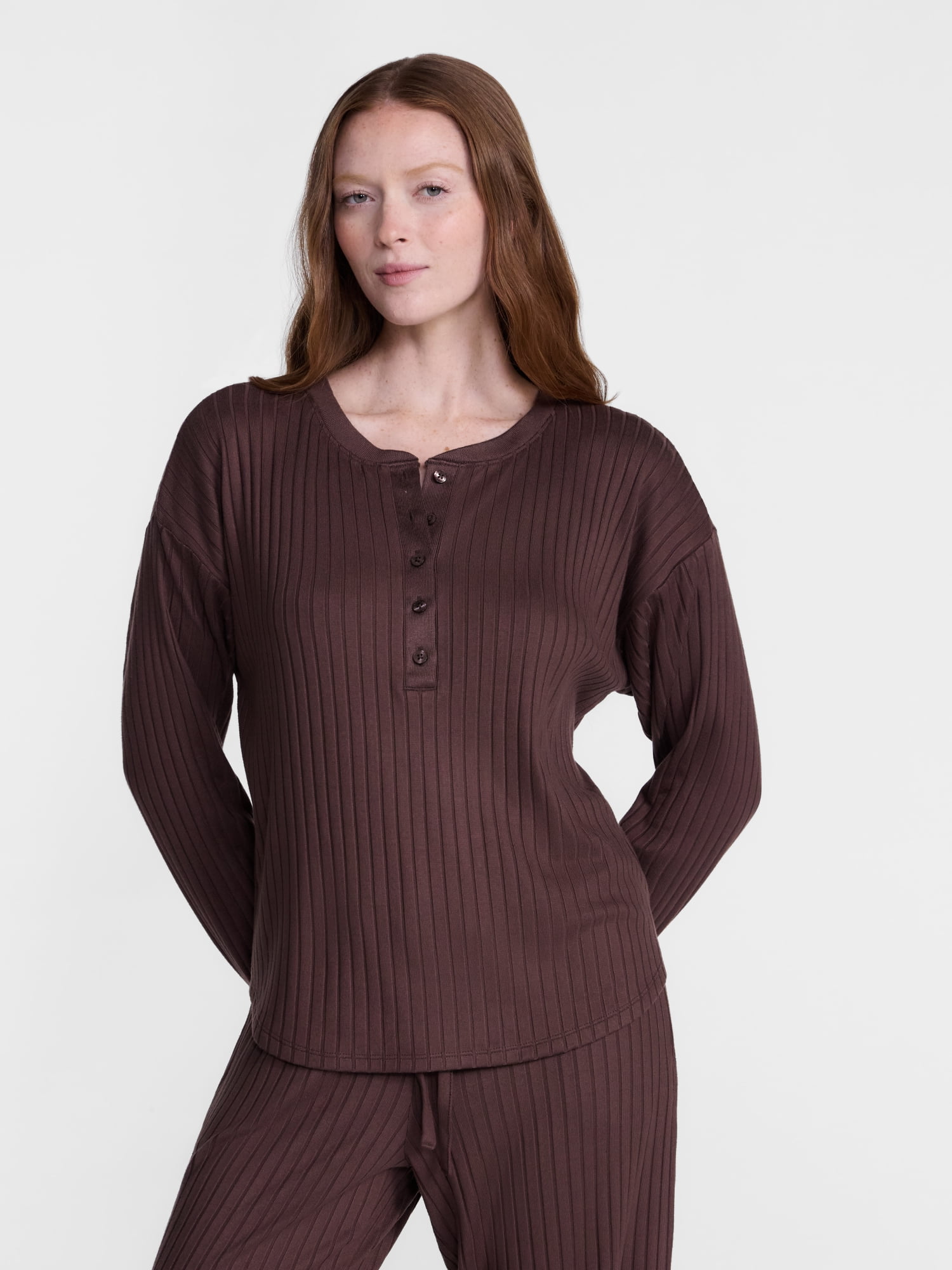 Joyspun Women's Cozy Lounge Collection Hacci Long Sleeve Henley Sleep Top, Sizes XS to 3X