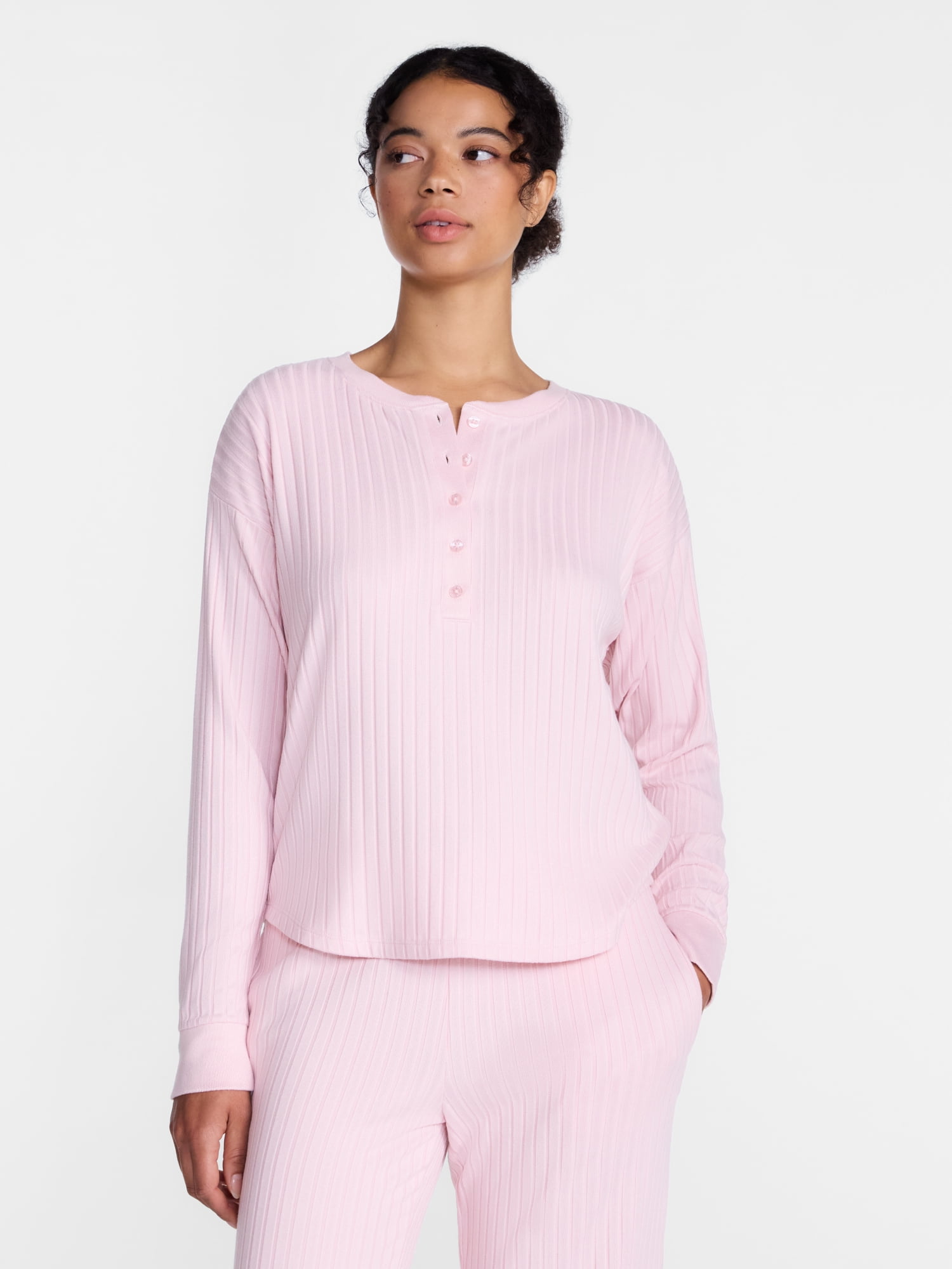 Joyspun Women's Cozy Lounge Collection Hacci Long Sleeve Henley Sleep Top, Sizes XS to 3X