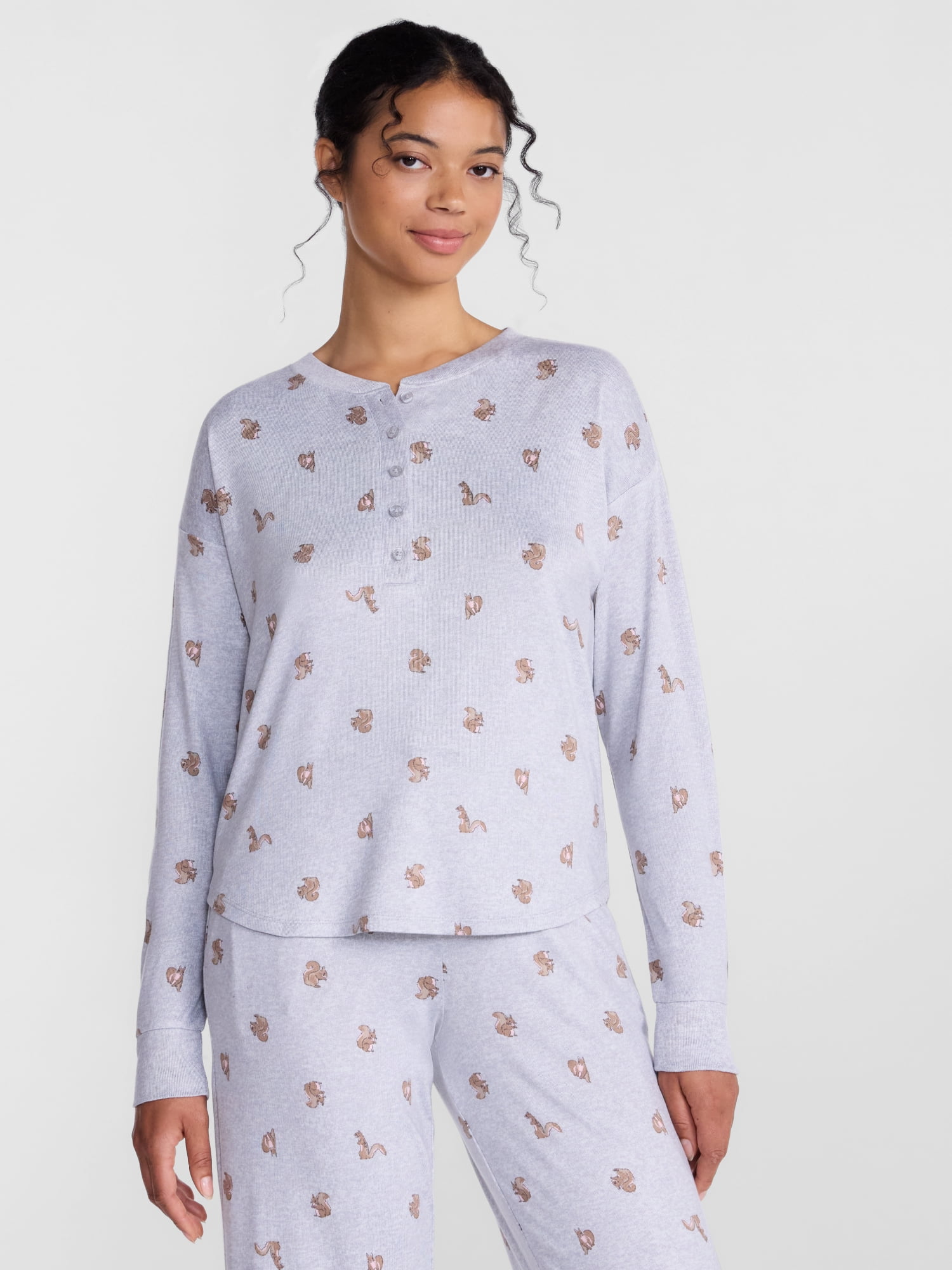 Joyspun Women's Cozy Lounge Collection Hacci Long Sleeve Henley Sleep Top, Sizes XS to 3X