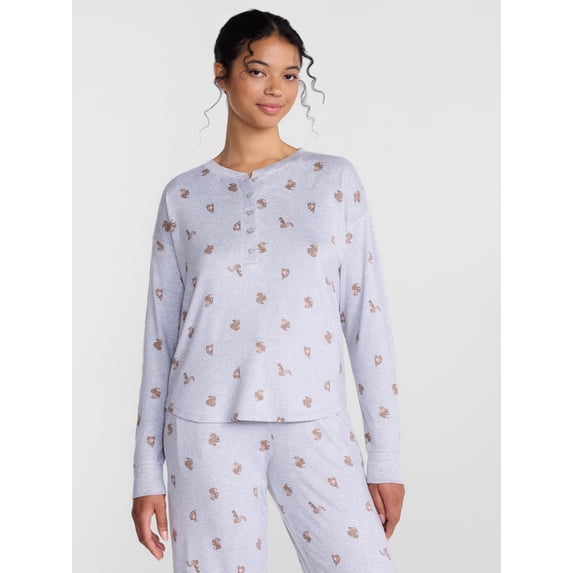 Joyspun Women's Cozy Lounge Collection Hacci Long Sleeve Henley Sleep Top, Sizes XS to 3X