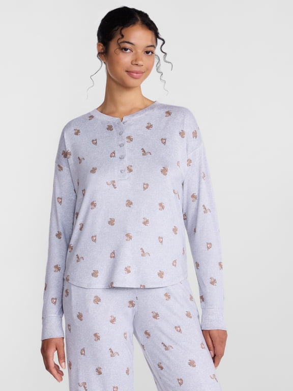 Women's Cozy Lounge Collection Hacci Long Sleeve Henley Sleep Top, Sizes XS to 3X