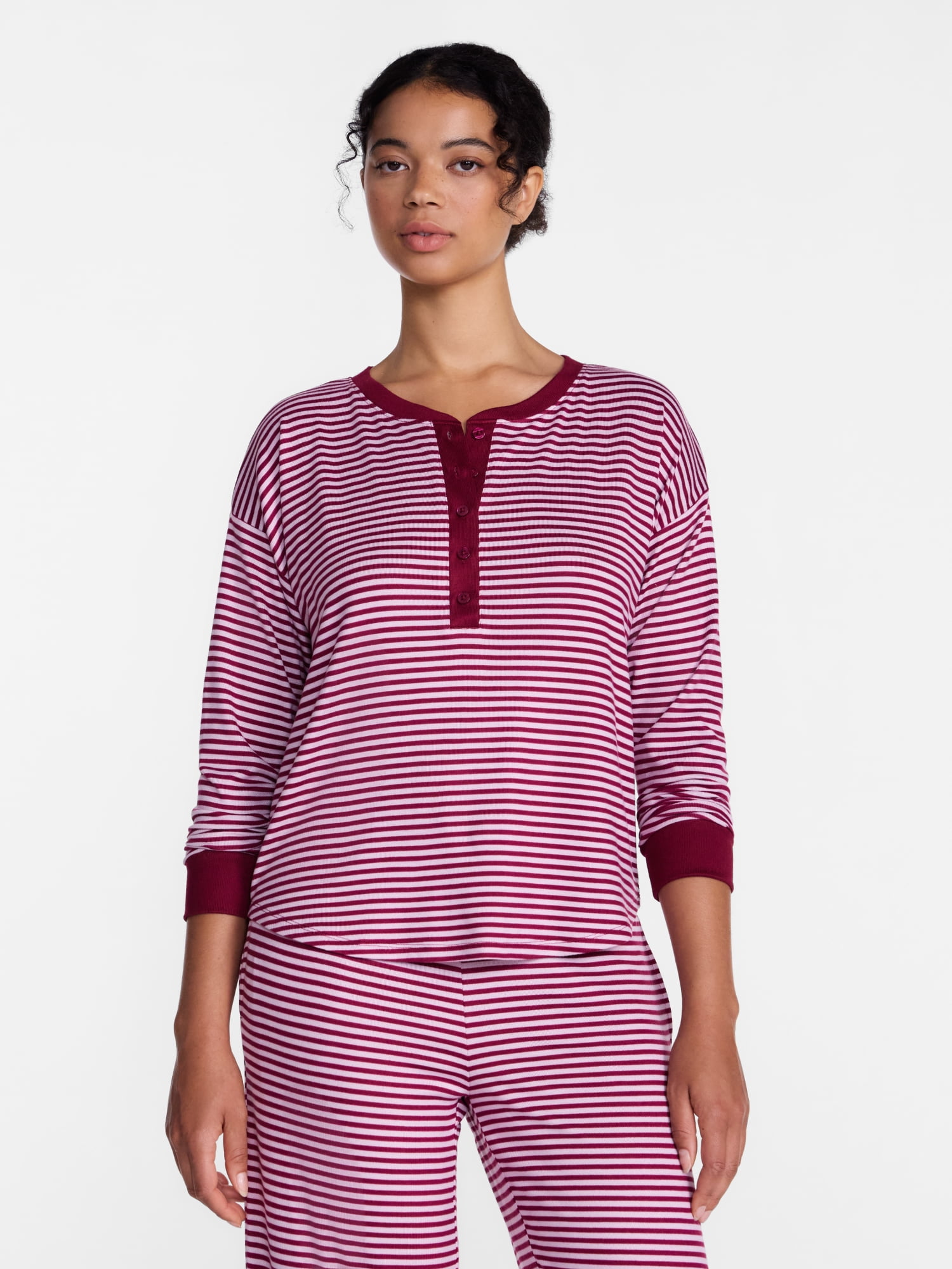 Joyspun Women's Cozy Lounge Collection Hacci Long Sleeve Henley Sleep Top, Sizes XS to 3X