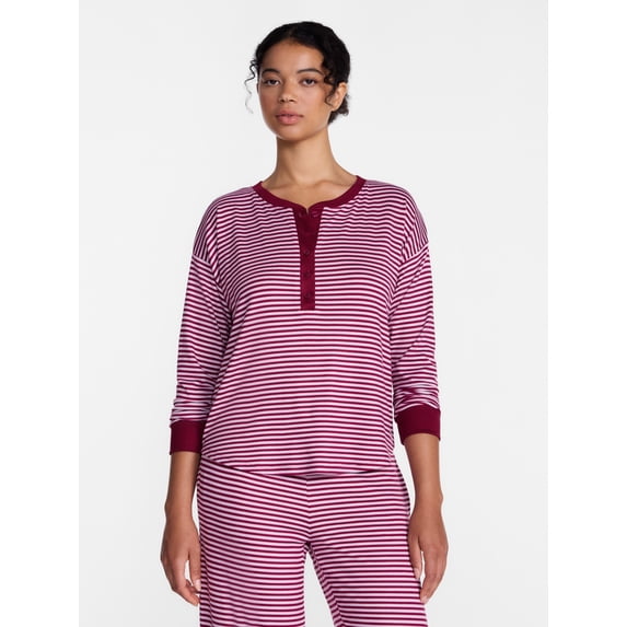 Joyspun Women's Cozy Lounge Collection Hacci Long Sleeve Henley Sleep Top, Sizes XS to 3X