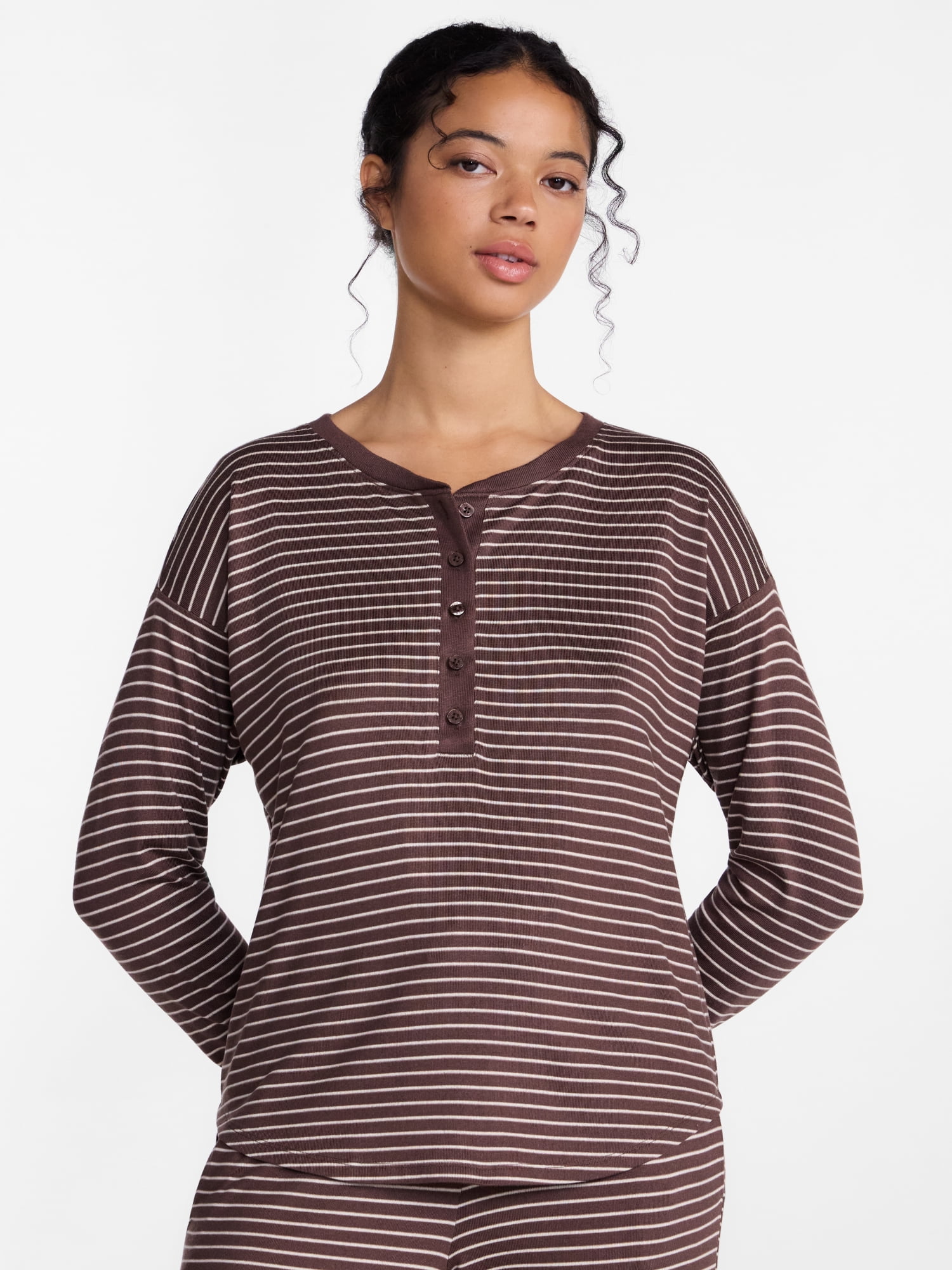 Joyspun Women's Cozy Lounge Collection Hacci Long Sleeve Henley Sleep Top, Sizes XS to 3X
