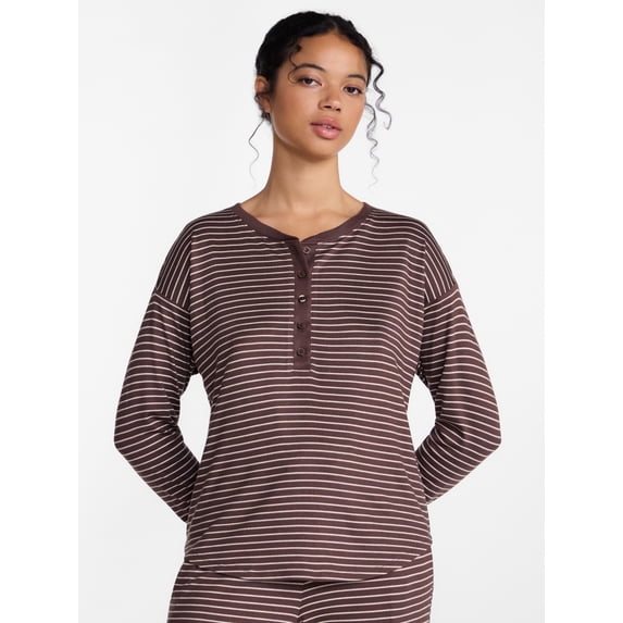 Joyspun Women's Cozy Lounge Collection Hacci Long Sleeve Henley Sleep Top, Sizes XS to 3X