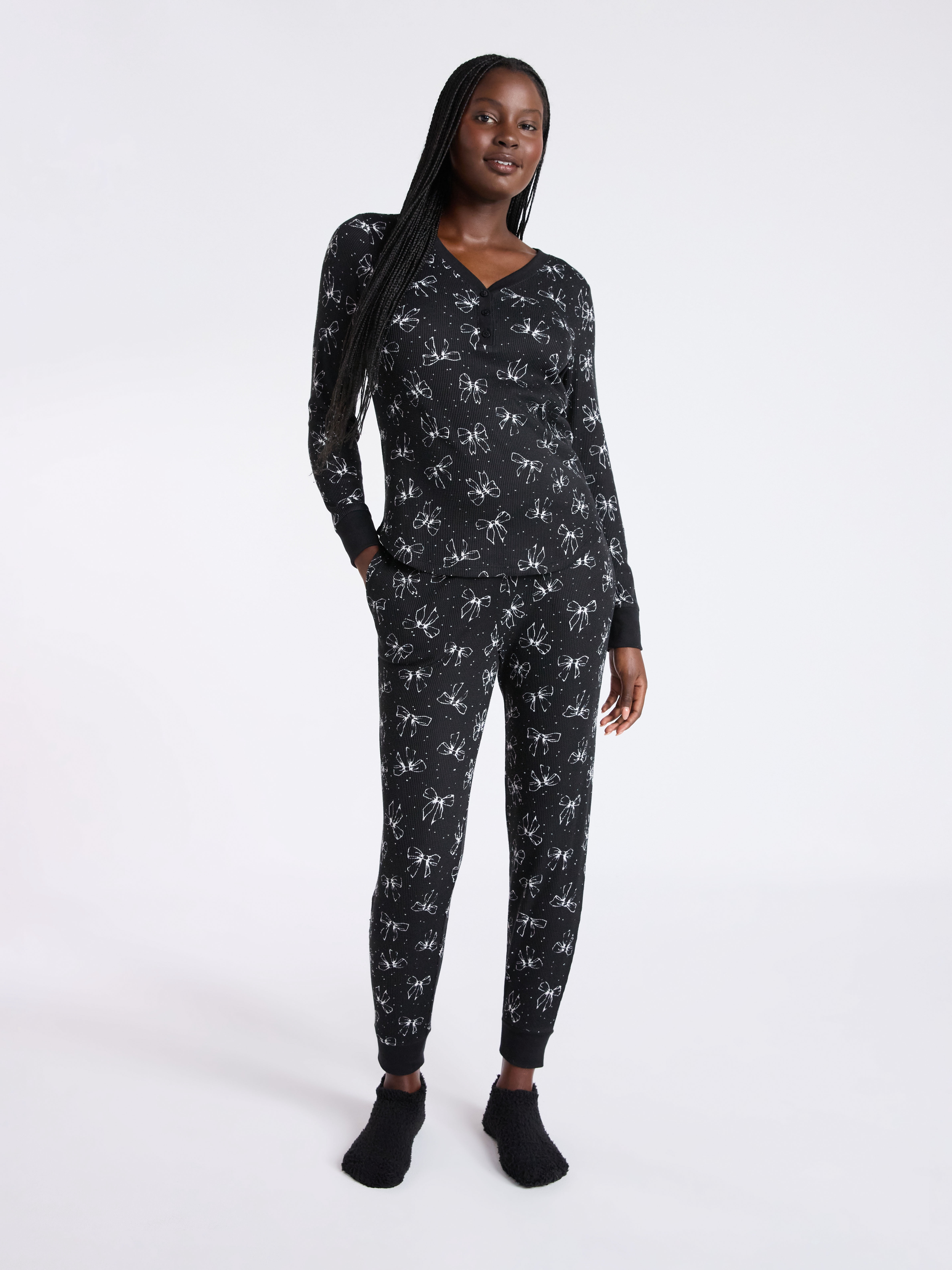 Joyspun Women's Waffle Knit Henley Sleep Top, Joggers and Socks Pajama Set, 3-Piece, Sizes XS-3X