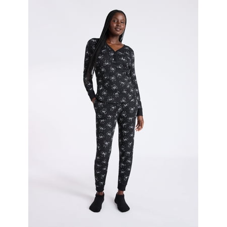 Joyspun Women's Waffle Knit Henley Sleep Top, Joggers and Socks Pajama Set, 3-Piece, Sizes XS-3X