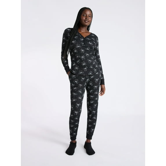 Joyspun Women's Waffle Knit Henley Sleep Top, Joggers and Socks Pajama Set, 3-Piece, Sizes XS-3X