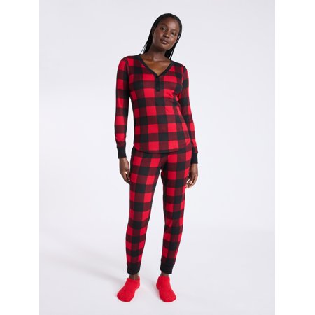 Joyspun Women's Waffle Knit Henley Sleep Top, Joggers and Socks Pajama Set, 3-Piece, Sizes XS-3X