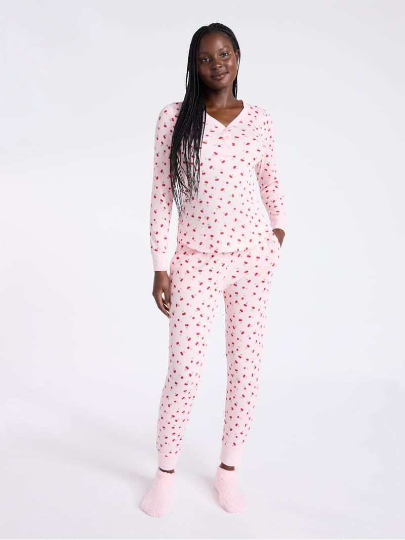 Joyspun Women's Waffle Long Sleeve Henley Sleep Top, Jogger, and