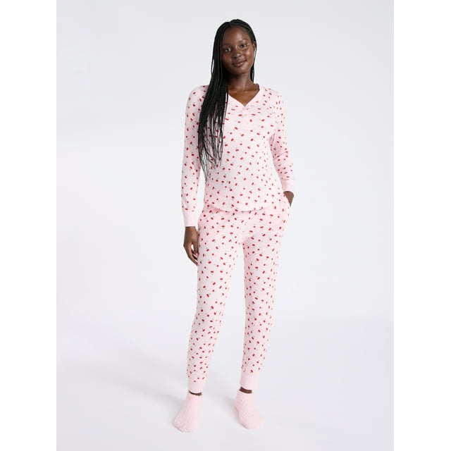 Joyspun Women's Waffle Long Sleeve Henley Sleep Top, Jogger, and Socks Pajama Set, 3-Piece, Sizes XS to 3X