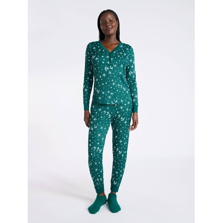 Joyspun Women's Waffle Knit Henley Sleep Top, Joggers and Socks Pajama Set, 3-Piece, Sizes XS-3X
