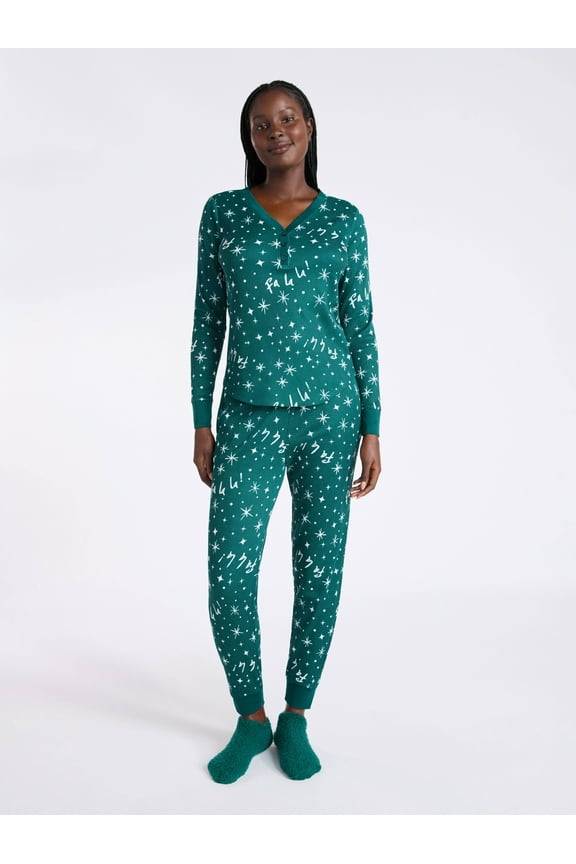 Women's Waffle Knit Henley Sleep Top, Joggers and Socks Pajama Set, 3-Piece, Sizes XS-3X