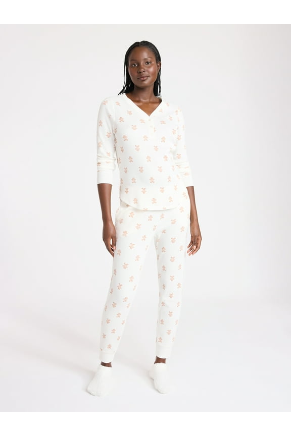 Women's Waffle Long Sleeve Henley Sleep Top, Jogger, and Socks Pajama Set, 3-Piece, Sizes XS to 3X