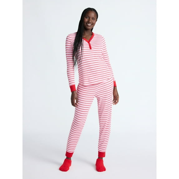 Joyspun Women's Waffle Knit Henley Sleep Top, Joggers and Socks Pajama Set, 3-Piece, Sizes XS-3X