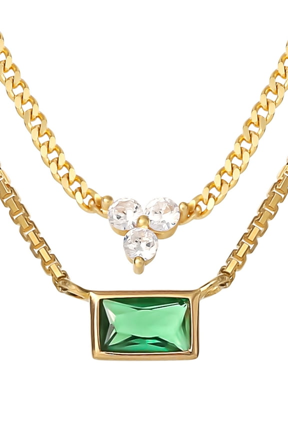 Womens Gold Plated Sterling Silver CZ Layered Necklace