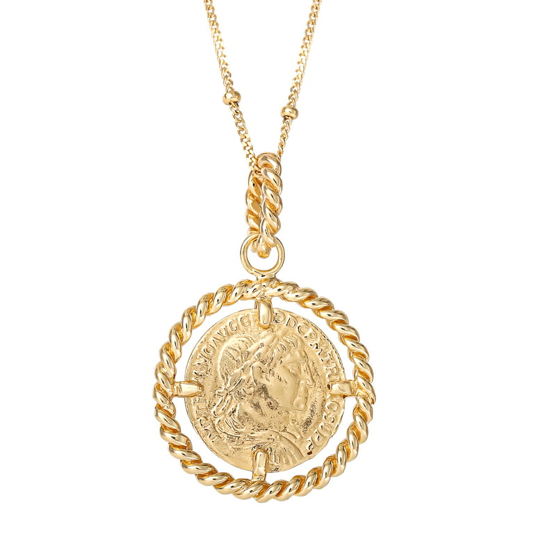 JS Jessica Simpson Women’s Gold Plated Sterling Silver Coin Pendant, 18”  Beaded Chain