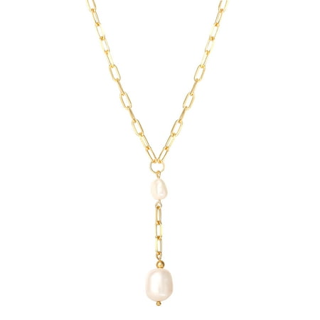 JS Jessica Simpson Women’s Gold Plated Sterling Silver Paperclip Pearl Y Necklace