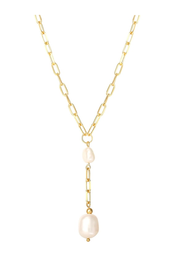 Womens Gold Plated Sterling Silver Paperclip Pearl Y Necklace
