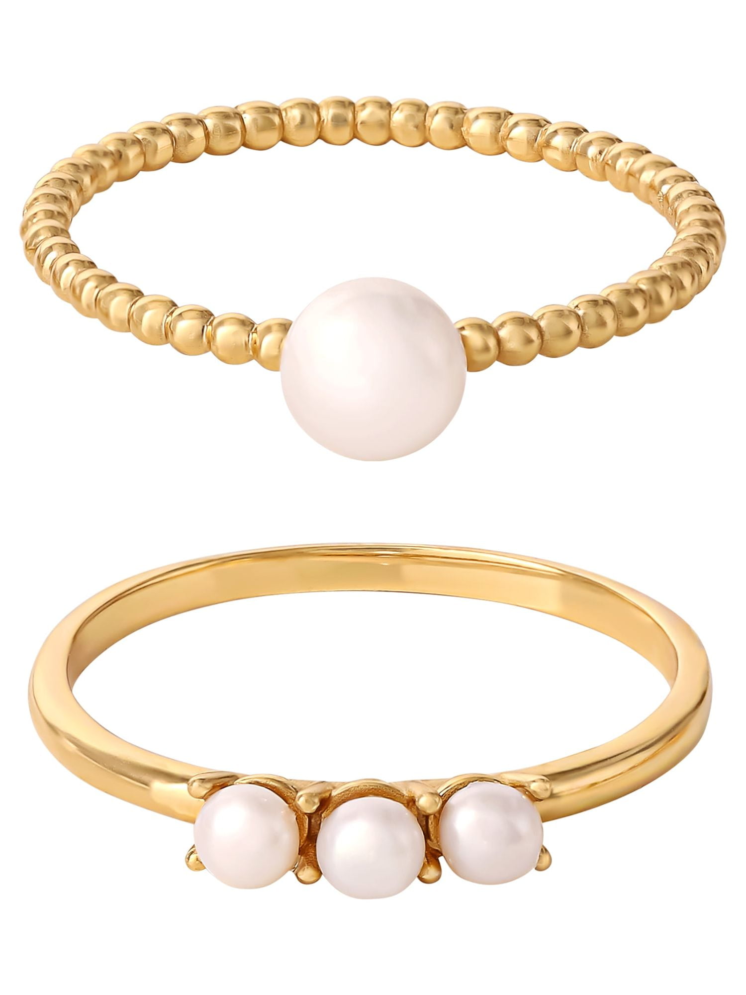 JS Jessica Simpson Womens Gold Plated Sterling Silver Pearl 2 Piece Ring Set