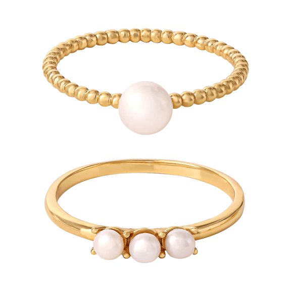JS Jessica Simpson Womens Gold Plated Sterling Silver Pearl 2 Piece Ring Set